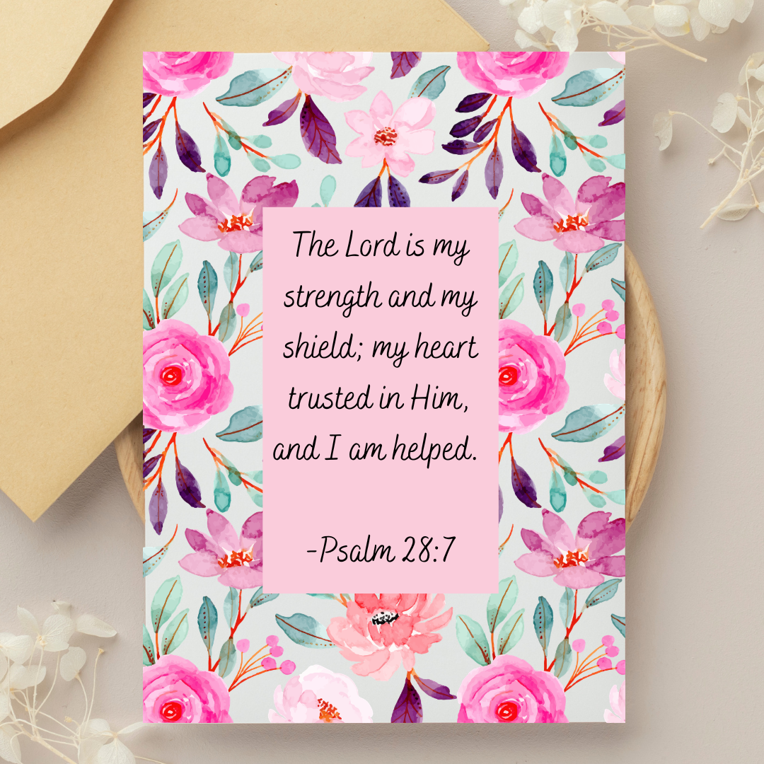 Floral card with a pink message overlay featuring a Bible verse