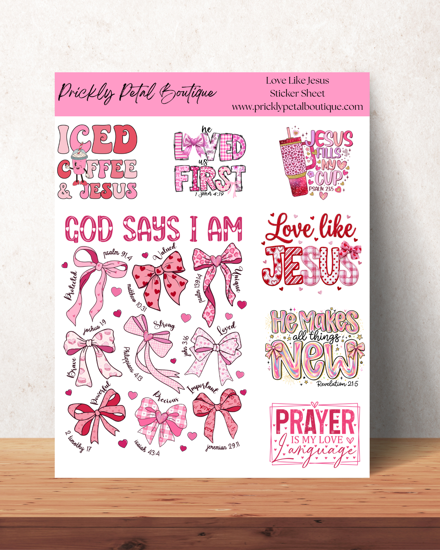 Love Like Jesus Christian Sticker Sheet | 8x10 Glossy Scripture Stickers | Coquette Bow Stickers | God Says I Am | Pink Christian Stickers | Christian Gifts for Women