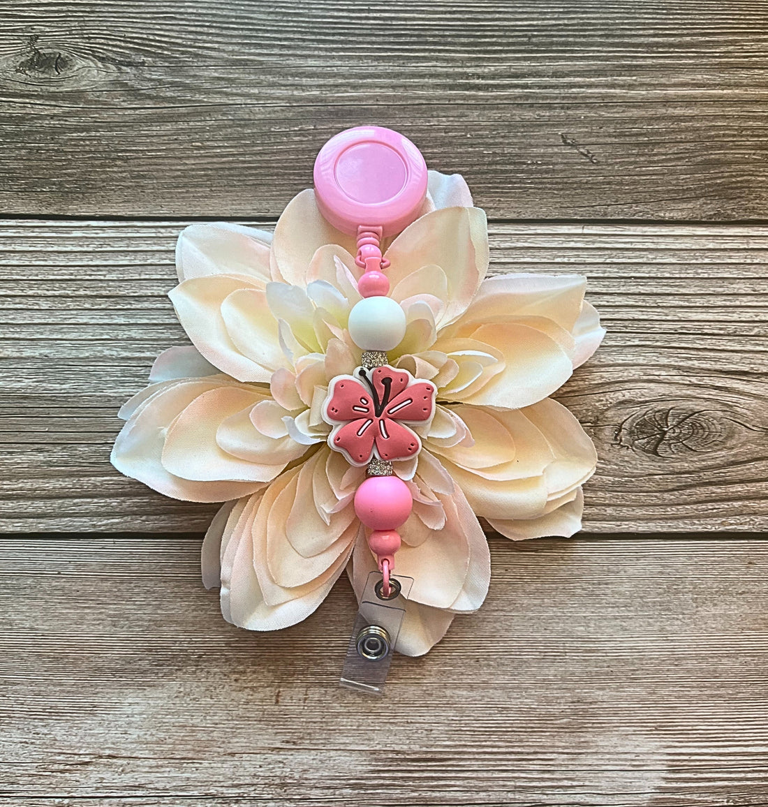 Floral Elegance Meets Functionality: The Blush Hibiscus Beaded Badge Reel