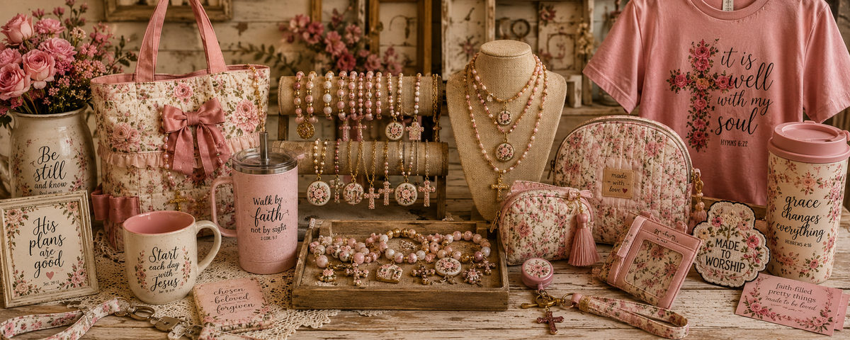 A styled tabletop display of coordinated pink and floral vintage-inspired gift items, including a tote bag, t-shirt, mugs, jewelry, earrings, bracelets, a clutch, and small accessories, arranged on a rustic wooden surface with flowers and framed decor in the background.