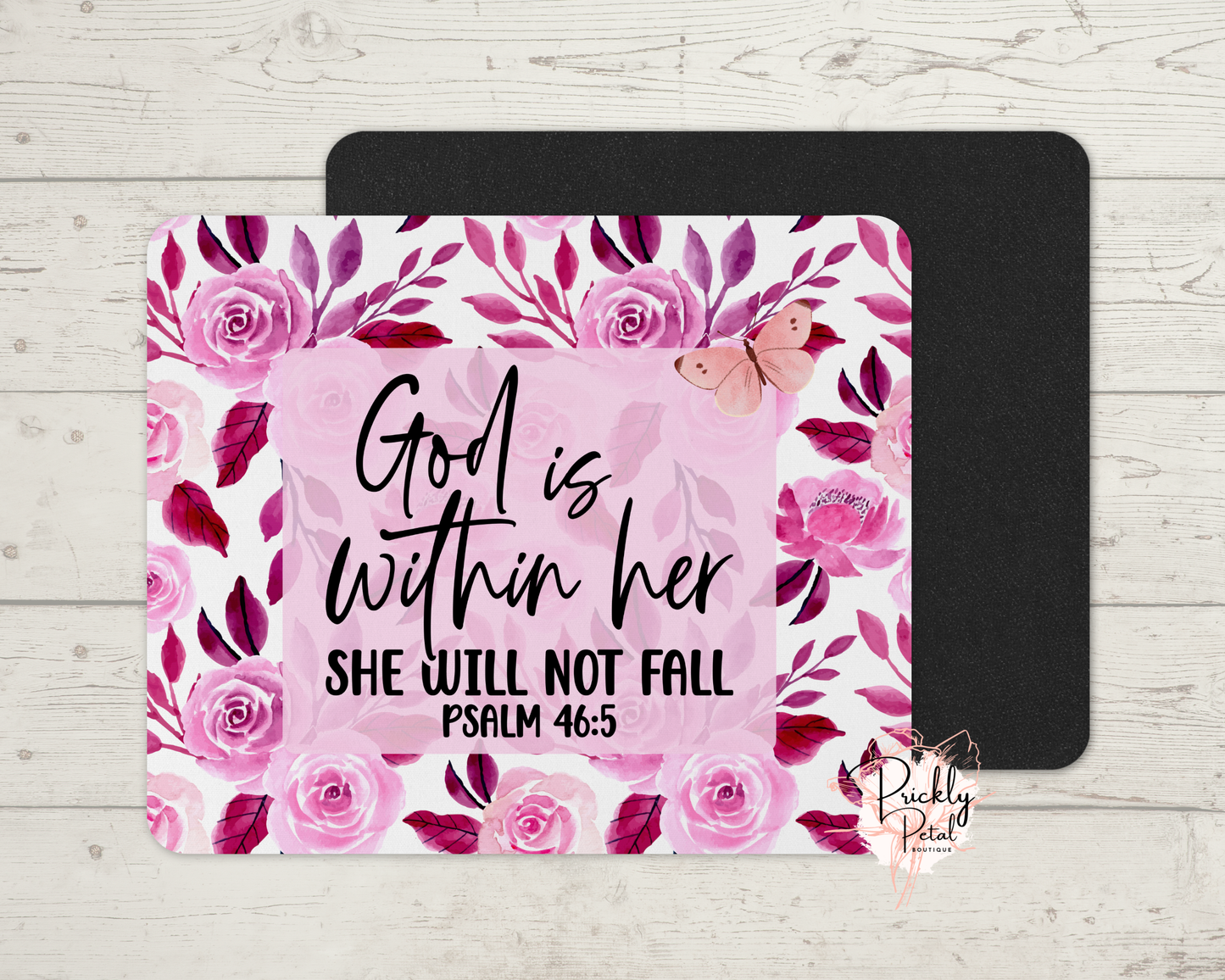 Christian Mouse Pad – "God Is Within Her She Will Not Fall" Psalm 46:5 – Pink Floral Mousepad – Faith Gift for Women – Bible Verse Desk Accessory