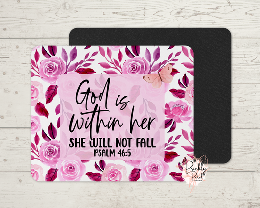 Christian Mouse Pad – "God Is Within Her She Will Not Fall" Psalm 46:5 – Pink Floral Mousepad – Faith Gift for Women – Bible Verse Desk Accessory