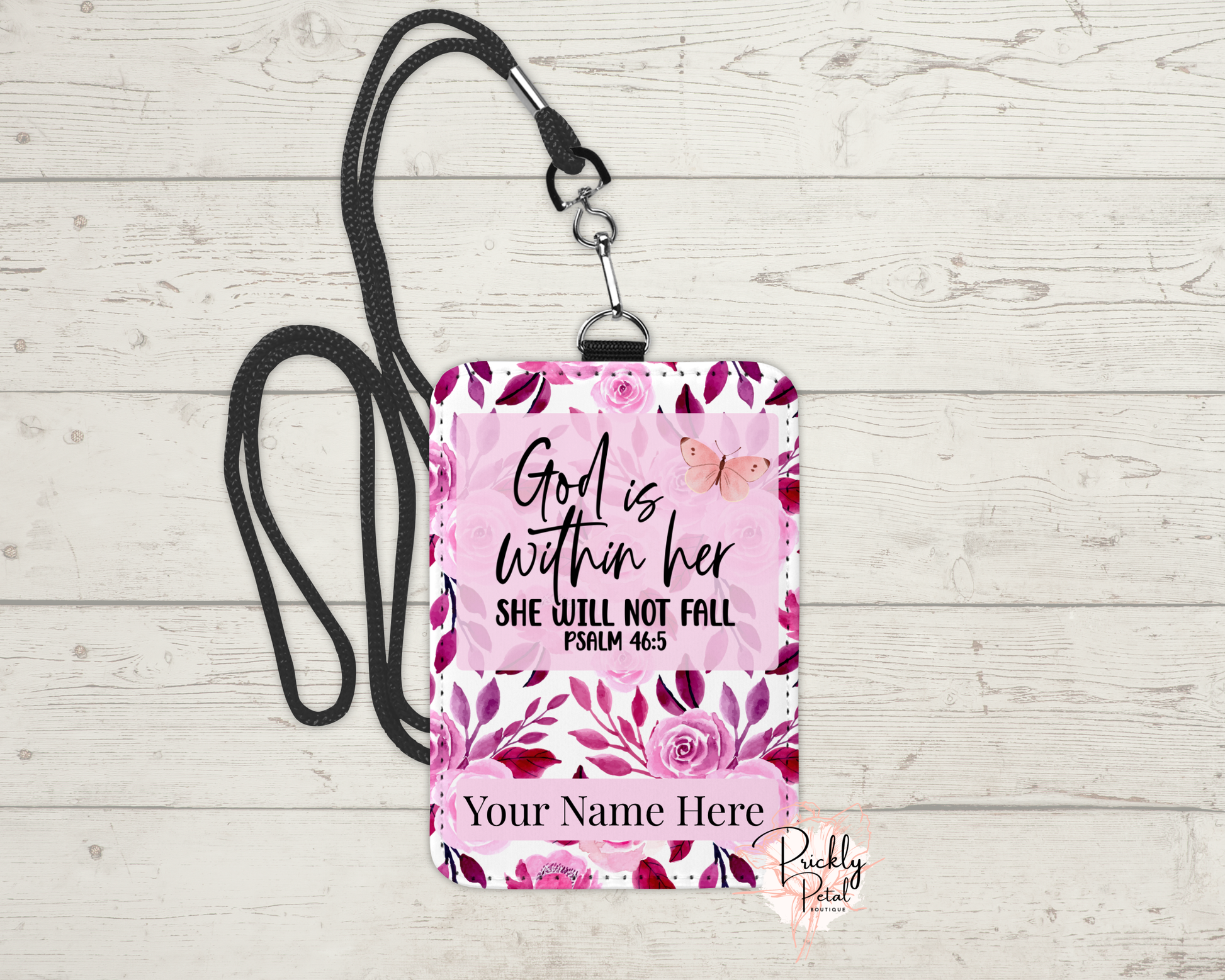 pink and white badge on wood background