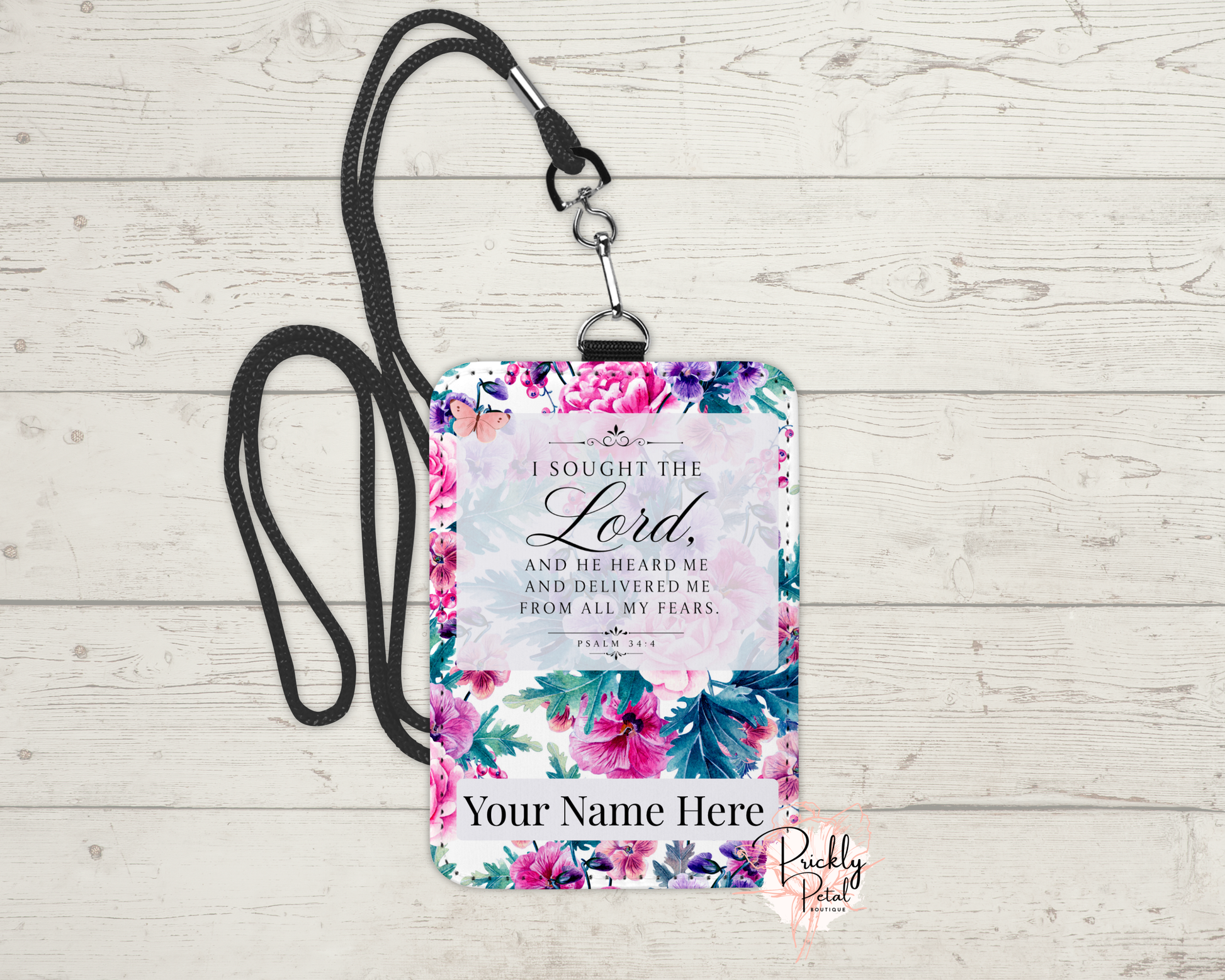 Personalized Floral Bible Verse Badge Holder with Lanyard – Psalm 34:4 Christian ID Holder for Women | Custom Name Gift