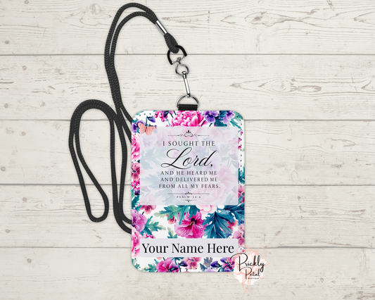 Personalized Floral Bible Verse Badge Holder with Lanyard – Psalm 34:4 Christian ID Holder for Women | Custom Name Gift