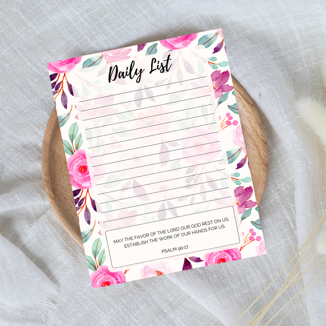 Floral daily list notepad on a textured surface