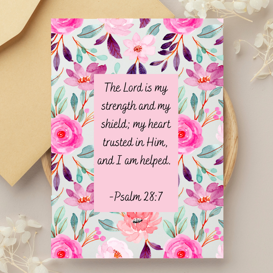 Floral card with a pink message overlay featuring a Bible verse