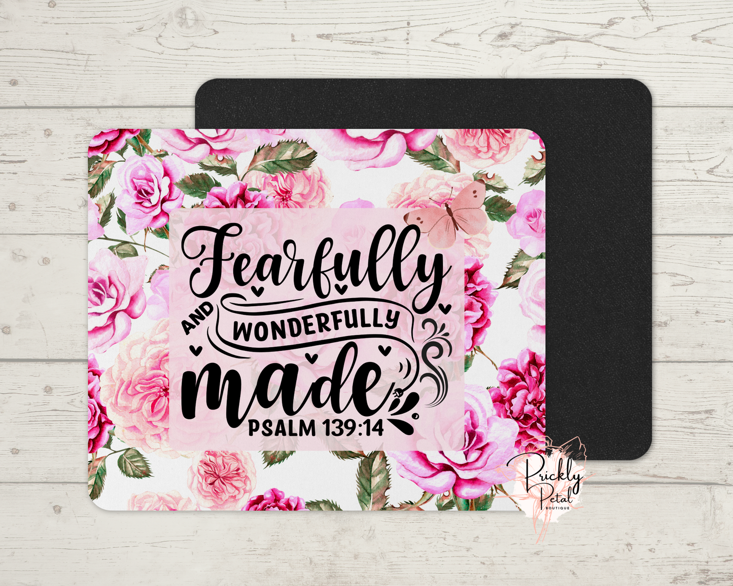 Fearfully and Wonderfully Made Mousepad | Psalm 139:14 | Christian Gift for Women | Pink Floral Bible Verse Desk Accessory