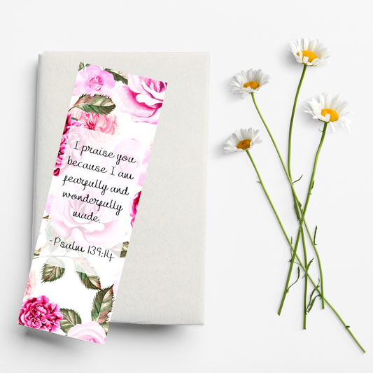 Floral bookmark with Bible verse on a white background with daisies