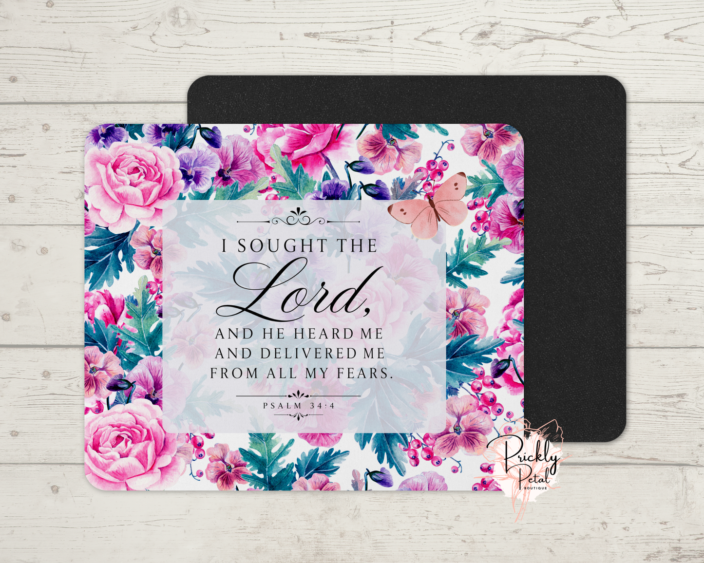 I Sought the Lord and He Heard Me Mousepad | Psalm 34:4 | Christian Gift for Women | Floral Bible Verse Desk Accessory
