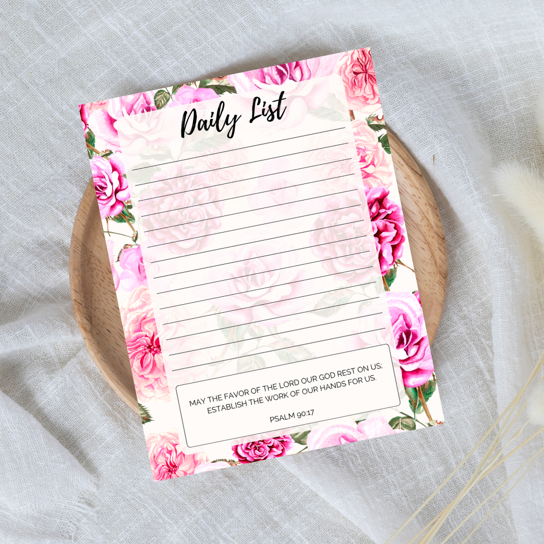 Floral daily list notepad on a textured surface
