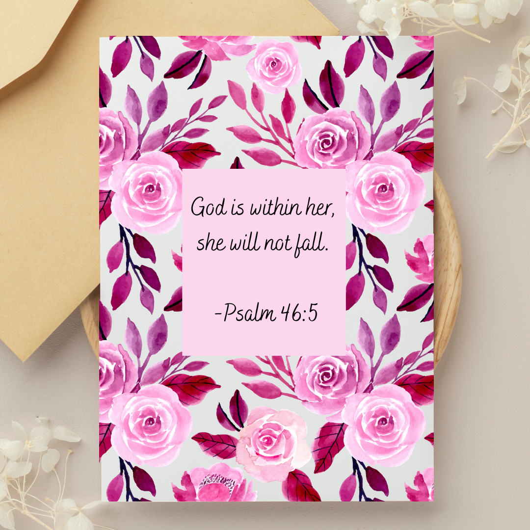 Floral card with pink roses and motivational quote on a beige background