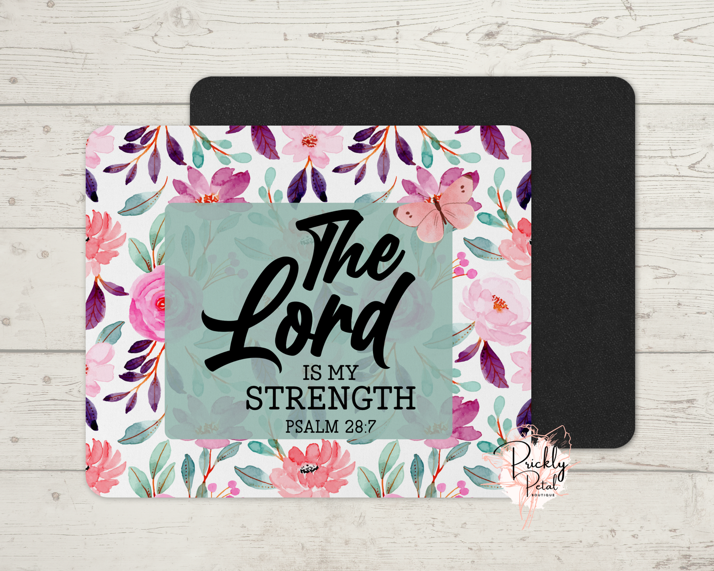 The Lord Is My Strength Mousepad | Psalm 28:7 | Christian Gift for Women | Floral Bible Verse Desk Accessory