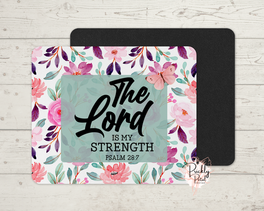 The Lord Is My Strength Mousepad | Psalm 28:7 | Christian Gift for Women | Floral Bible Verse Desk Accessory