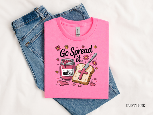 Pink t-shirt with graphic design and text on a white background