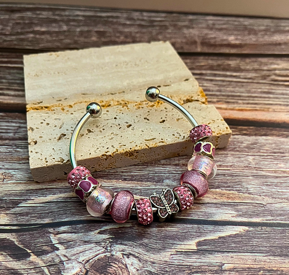 Pink Rhinestone Beadable Bangle Bracelet