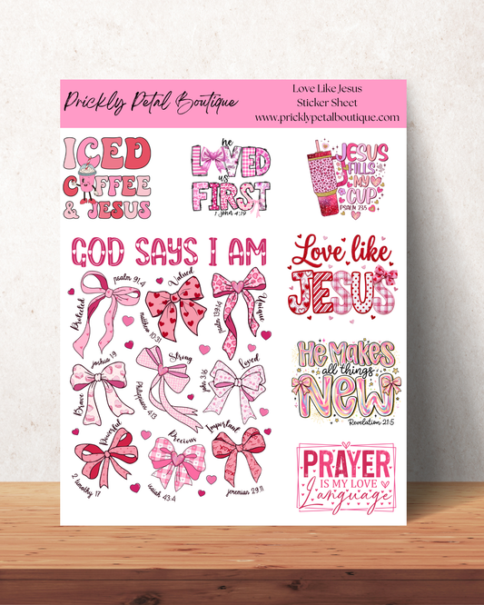 Love Like Jesus Christian Sticker Sheet | 8x10 Glossy Scripture Stickers | Coquette Bow Stickers | God Says I Am | Pink Christian Stickers | Christian Gifts for Women