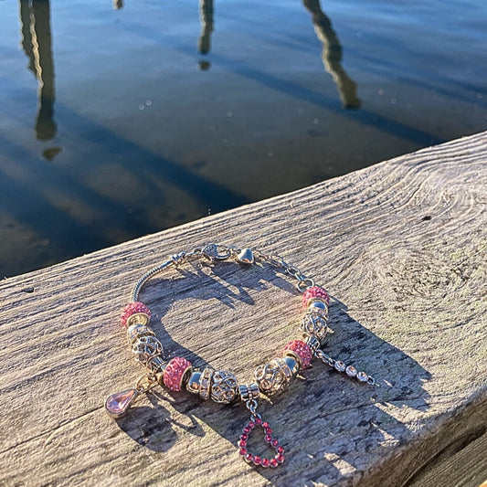 Pink Rhinestone Heart Charm Bracelet
