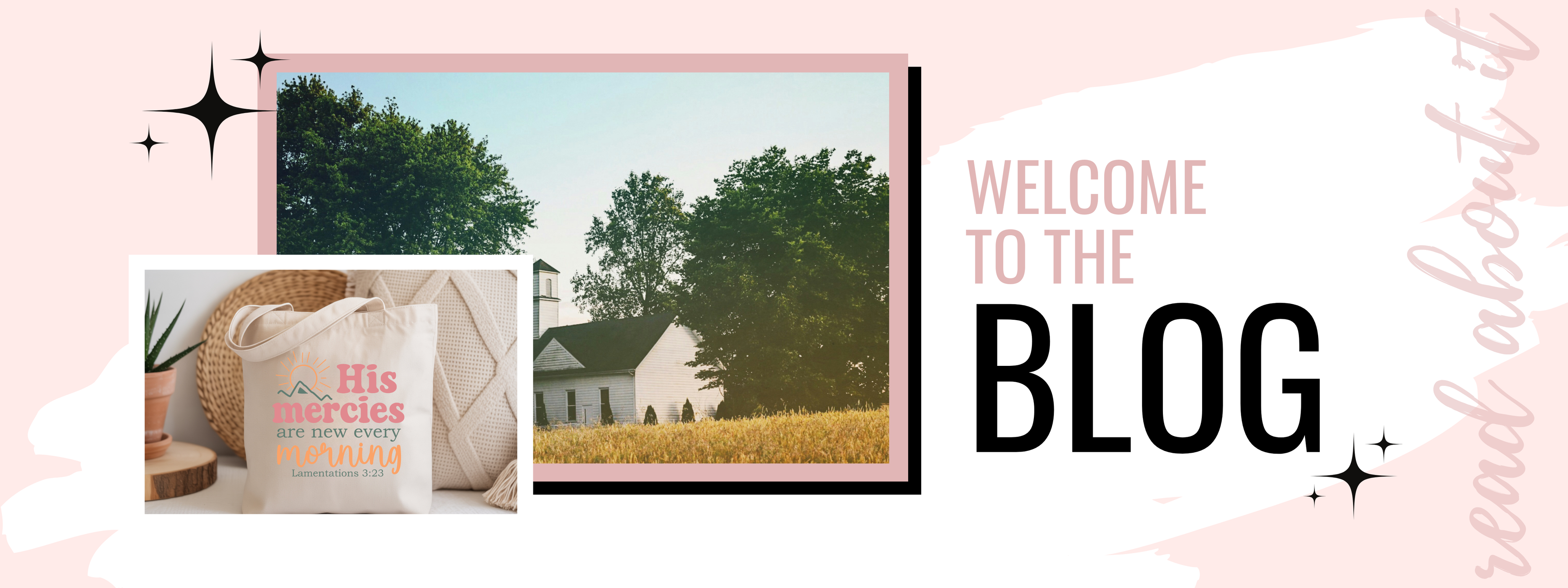 Promotional banner for a blog with scenic image and product display.