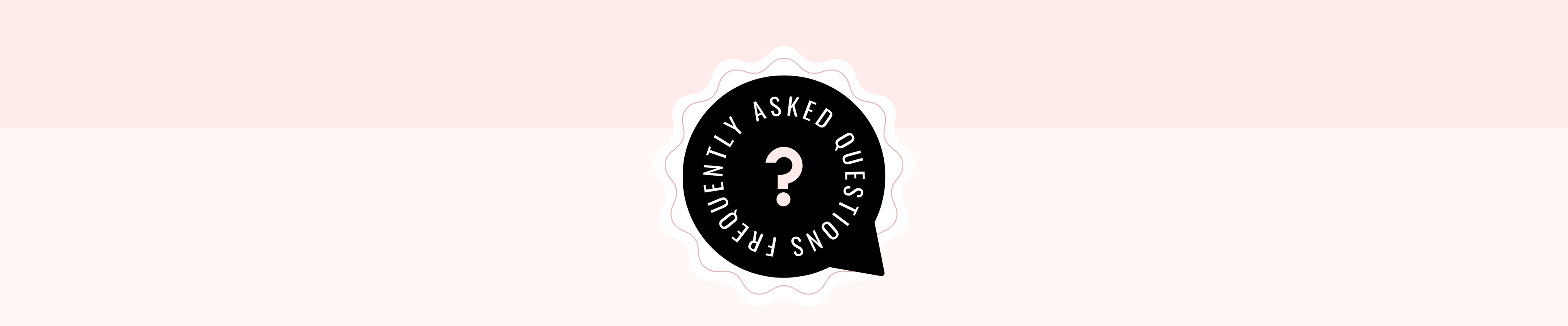 Logo with a question mark and speech bubble on a pink and white striped background