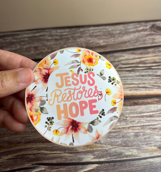 Jesus restores hope vinyl sticker, 3”x3”