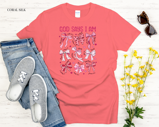 God says I am coral shirt with white background