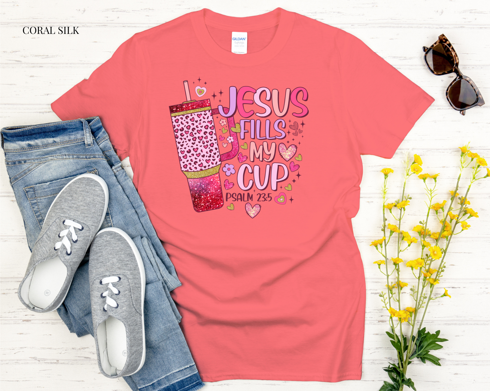 Jess fills my cup t shirt in coral