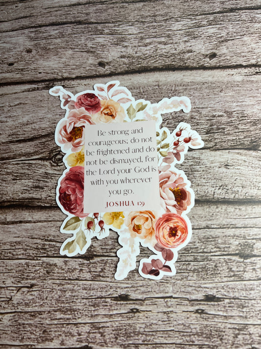 Floral sticker with text on a wooden background