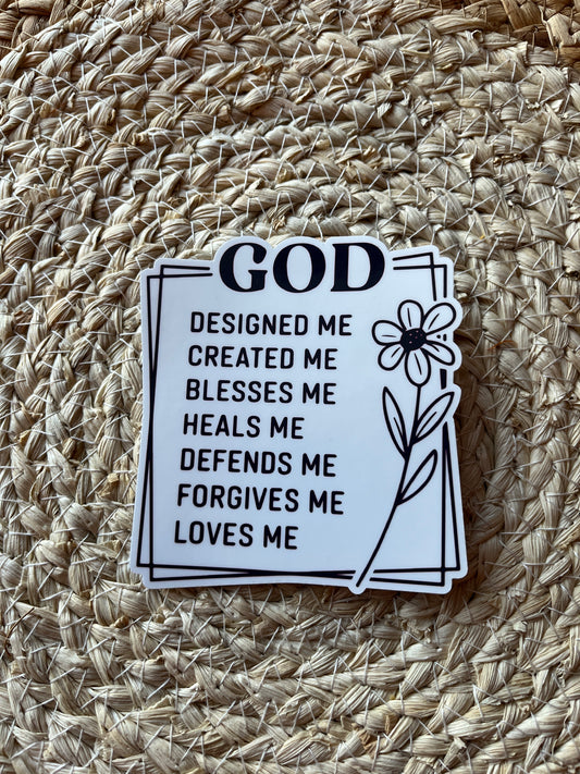Decorative sticker with text and floral design on a woven mat