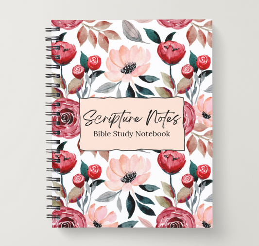 Bible Study Notebook with floral design on a light gray background